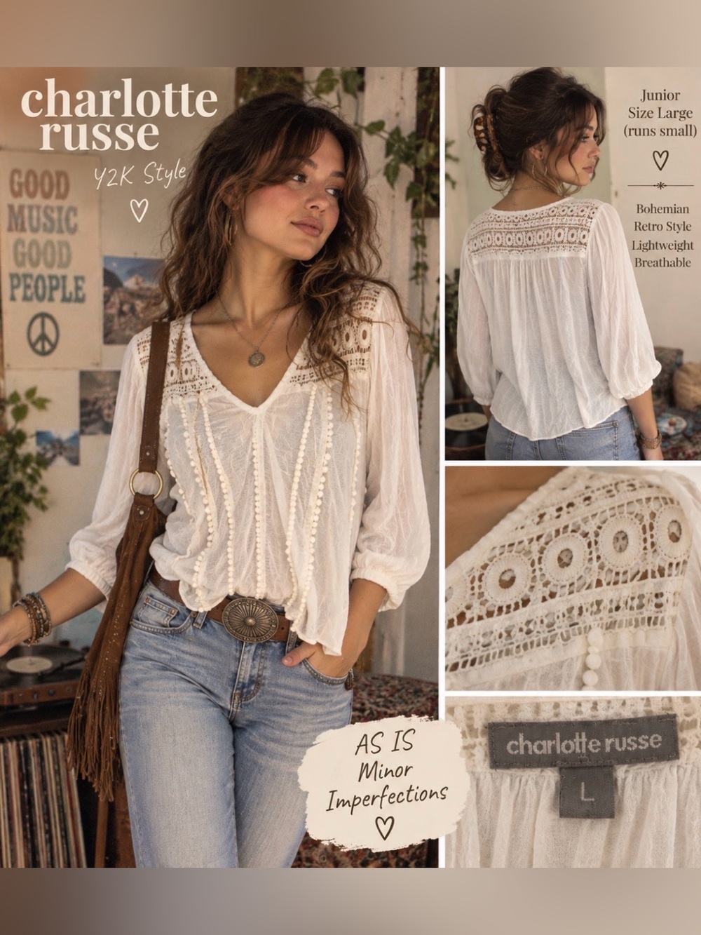 Charlotte Russe -Y2K- White Crochet-Trim V-Neck Peasant top- L (runs small)